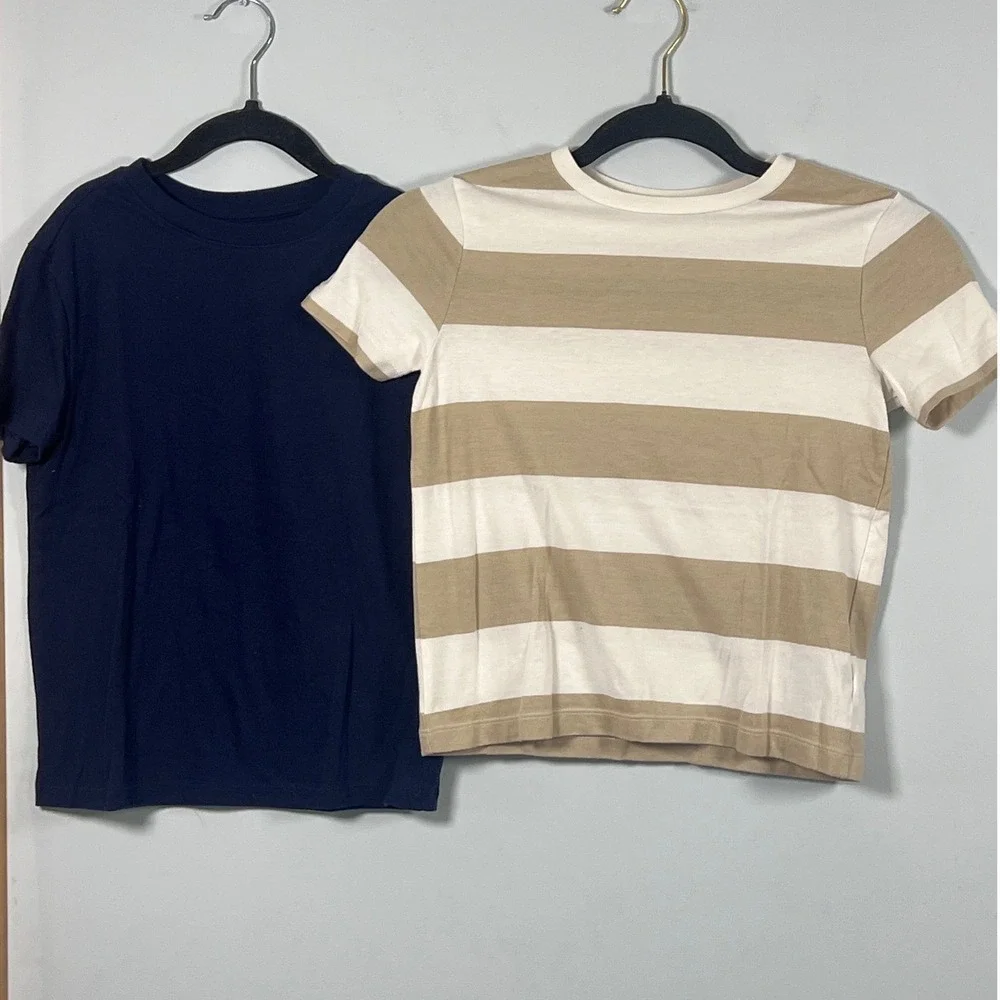 Old Navy Kids Tan Striped Solid Blue Short Sleeve Shirt Casual Vacation Preppy 6